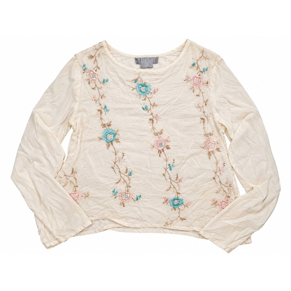 Platinum by Dorothy Schoelen Womens Small Cream Floral Embroidered Blouse Top
